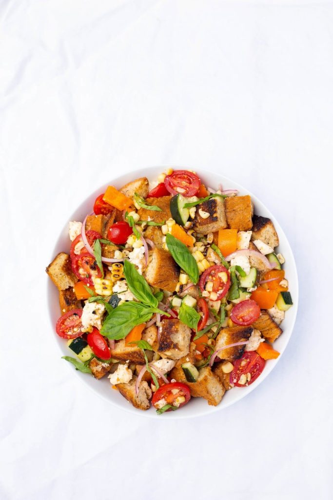 Grilled Corn Summer Panzanella Salad!  You will get a delicious taste of summer in every bite!  This is the perfect side dish for a BBQ or light lunch!