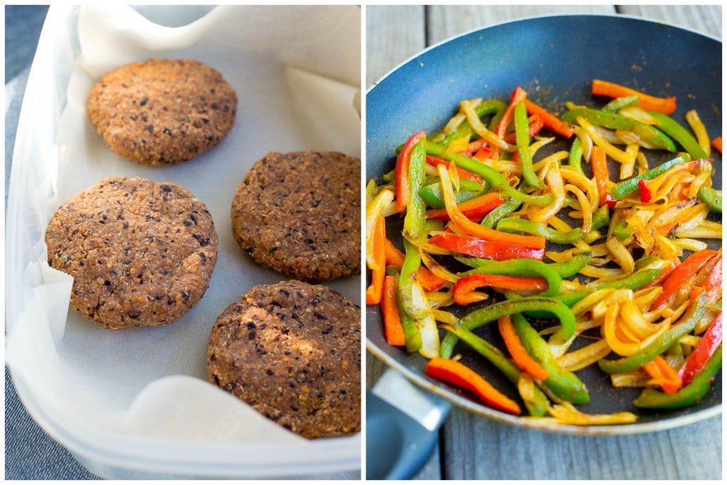 Jazz up your veggie burgers by making these Black Bean Fajita Veggie Burgers!  Topped with fajita peppers and onions, pepperjack cheese and guacamole! {gluten free}