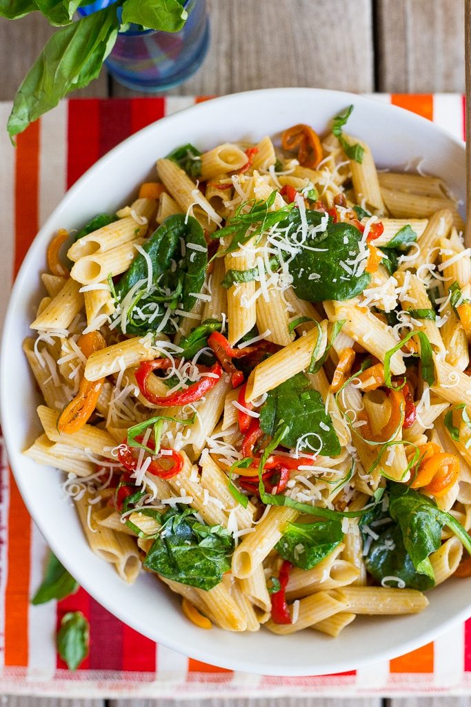 Balsamic Sweet Pepper Pasta with Spinach and Parmesan - She Likes Food