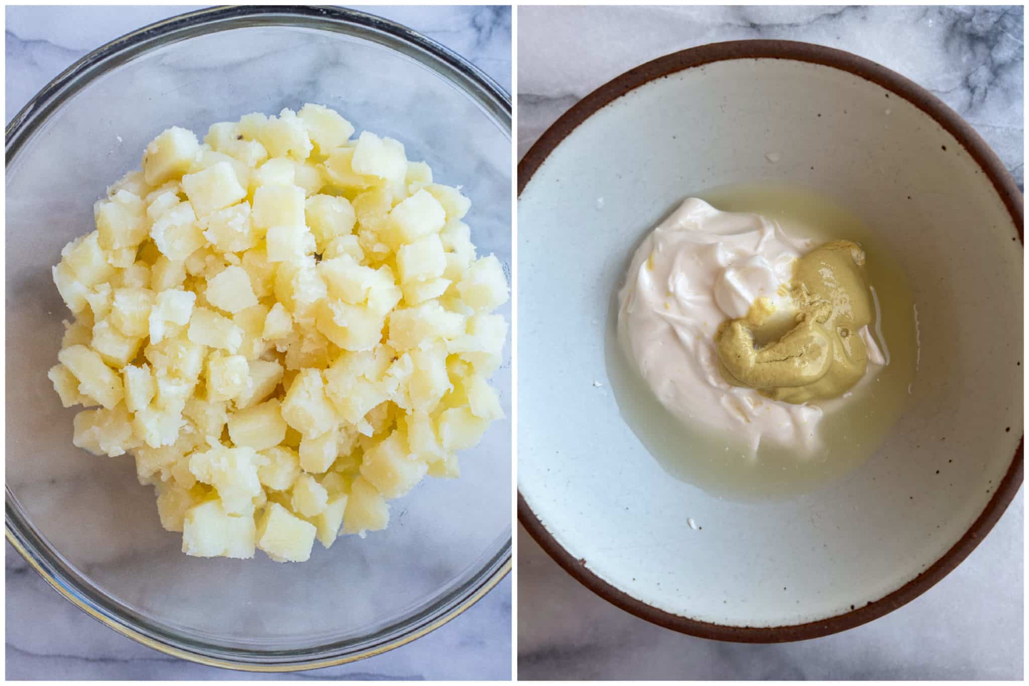 Shows how to cook potatoes for the potato salad and vinegar dressing