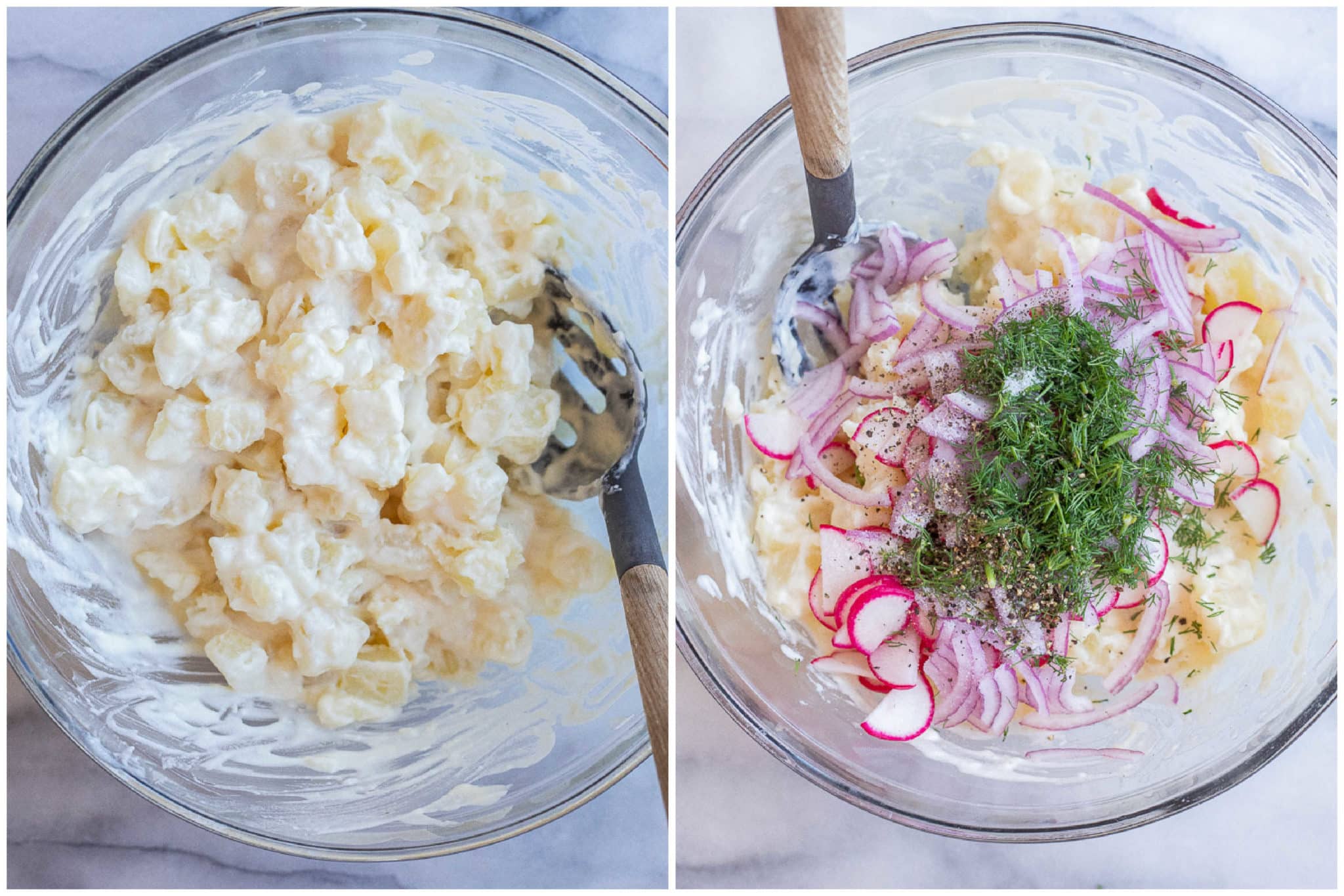 Shows how to make a salt and vinegar potato salad recipe by mixing all the ingredients together
