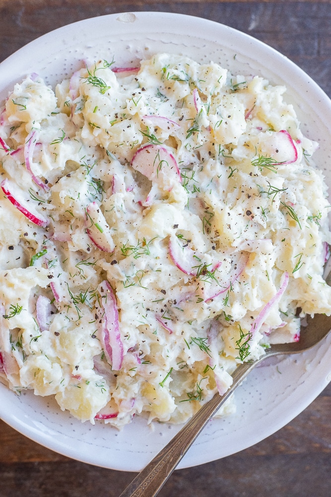 salt and vinegar potato salad in a serving bowl