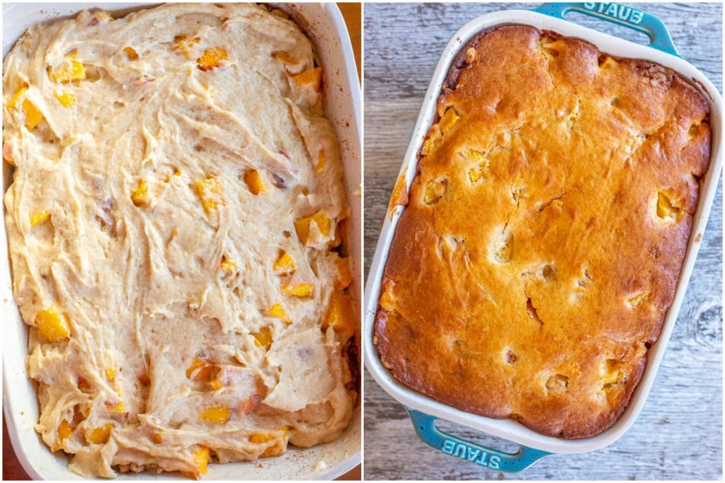 fresh peach cake before and after it has been baked