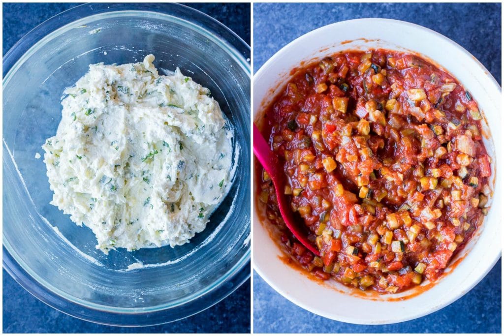 Ricotta cheese and sauce mixture for the vegetarian lasagna