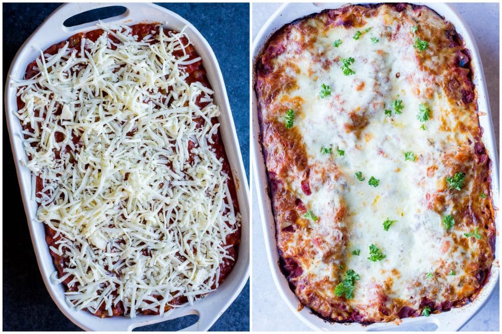 cooked and uncooked vegetarian lasagna photos side by side