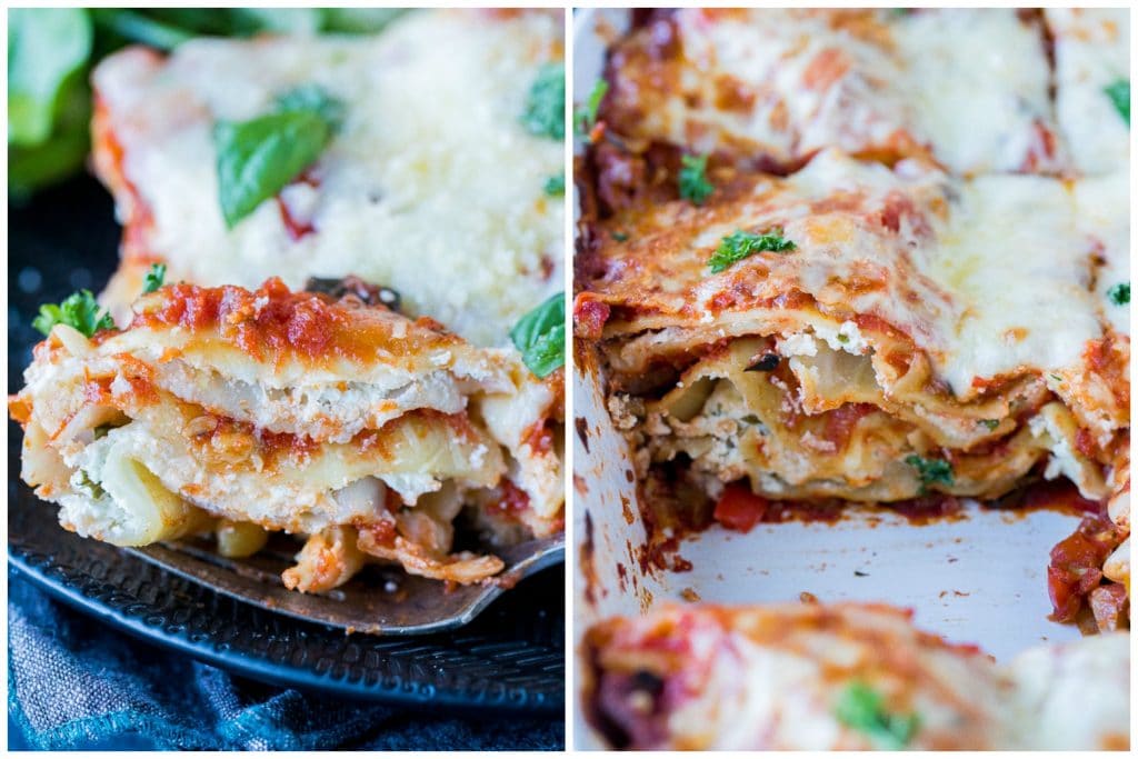 Close up photo of vegetarian lasagna on a plate and in a pan