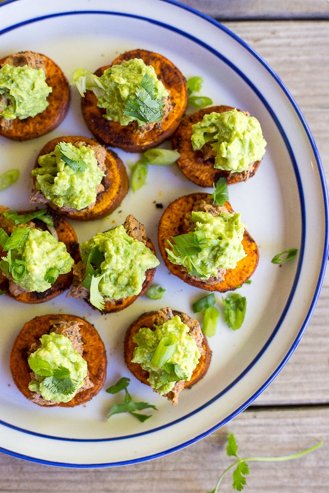 These Sweet Potato Bites with Back Bean Hummus & Guacamole are packed with so much delicious flavor and make for perfect appetizers or a light lunch! {gluten free, vegan}