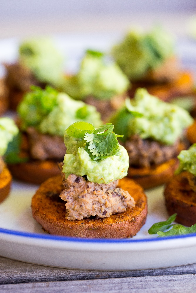 These Sweet Potato Bites with Back Bean Hummus & Guacamole are packed with so much delicious flavor and make for perfect appetizers or a light lunch! {gluten free, vegan}