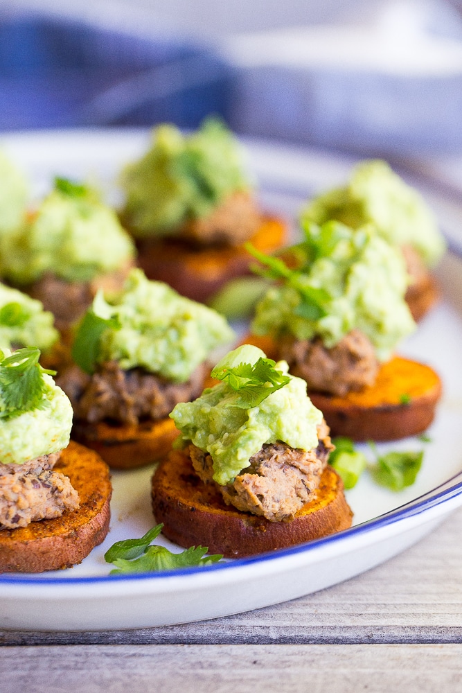 These Sweet Potato Bites with Back Bean Hummus & Guacamole are packed with so much delicious flavor and make for perfect appetizers or a light lunch! {gluten free, vegan}