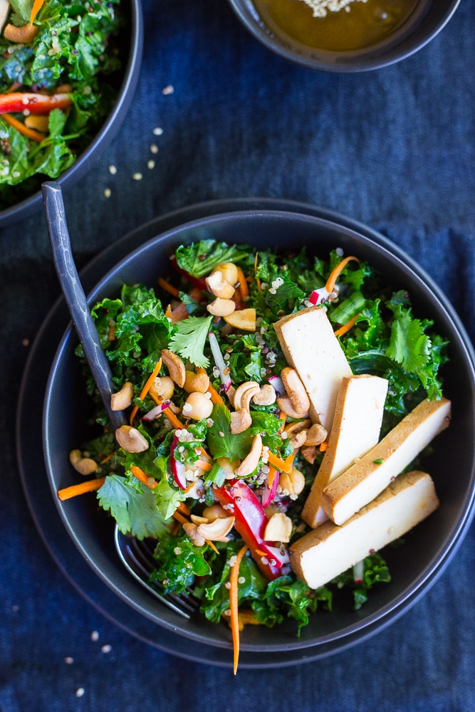 This Asian Kale Power Salad is packed with protein, flavor and crunch to keep you feeling full all afteroon!  Perfect for lunch!  Gluten free and vegan too!