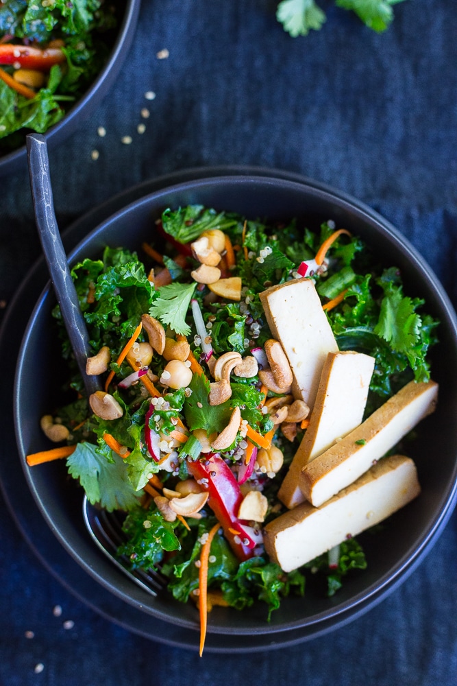 This Asian Kale Power Salad is packed with protein, flavor and crunch to keep you feeling full all afteroon!  Perfect for lunch!  Gluten free and vegan too!