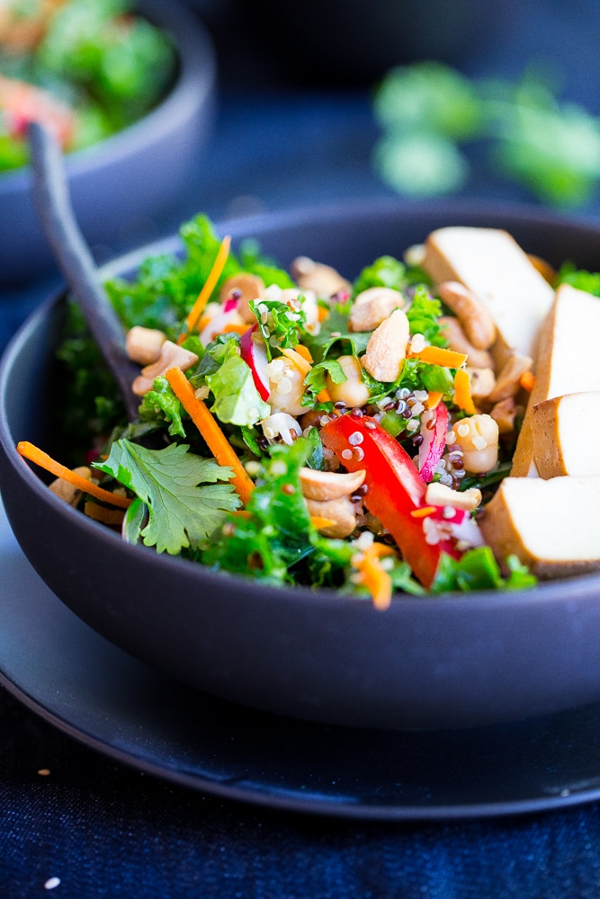This Asian Kale Power Salad is packed with protein, flavor and crunch to keep you feeling full all afteroon!  Perfect for lunch!  Gluten free and vegan too!