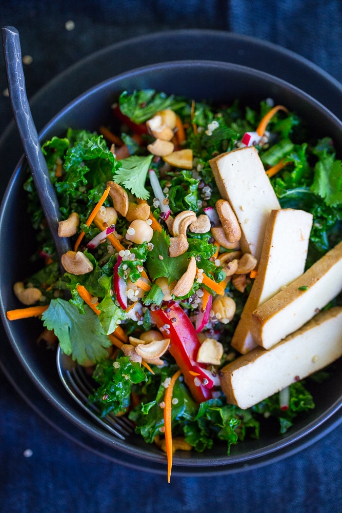 This Asian Kale Power Salad is packed with protein, flavor and crunch to keep you feeling full all afteroon!  Perfect for lunch!  Gluten free and vegan too!