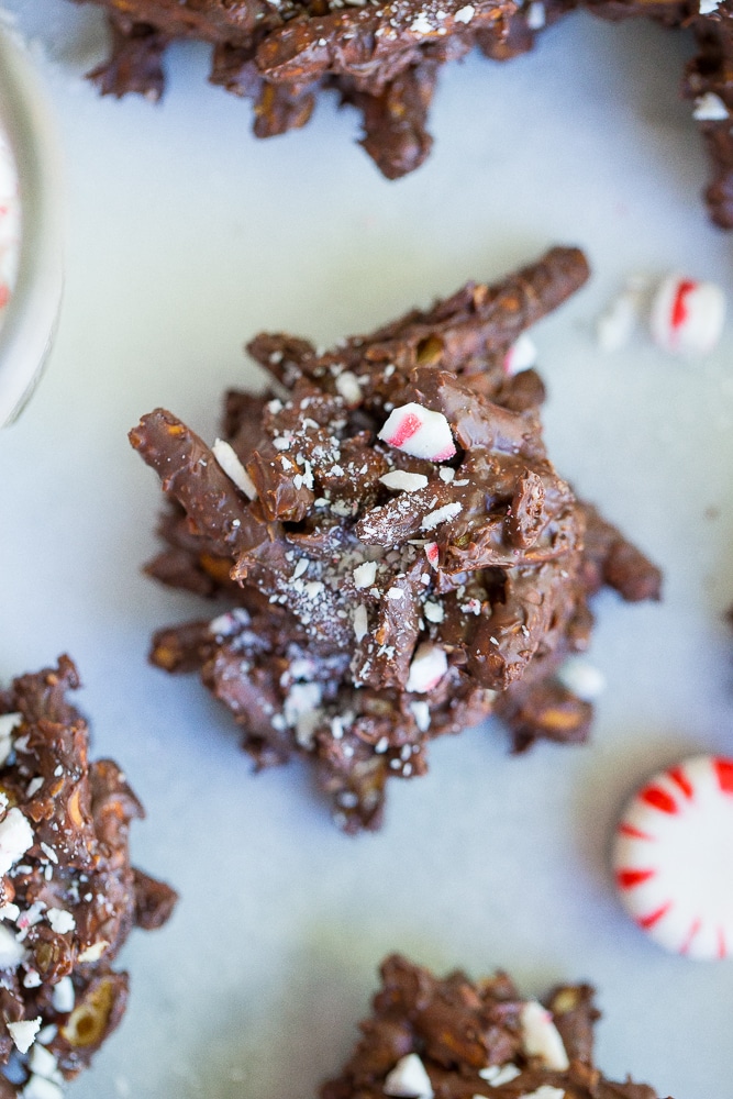 These 3-Ingredient Chocolate & Peppermint Haystacks are the easiest holiday treat to make this season!  You can also make them gluten free and vegan!