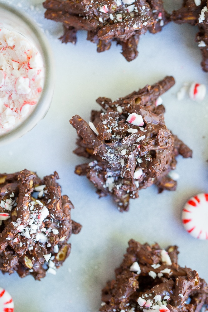 These 3-Ingredient Chocolate & Peppermint Haystacks are the easiest holiday treat to make this season!  You can also make them gluten free and vegan!