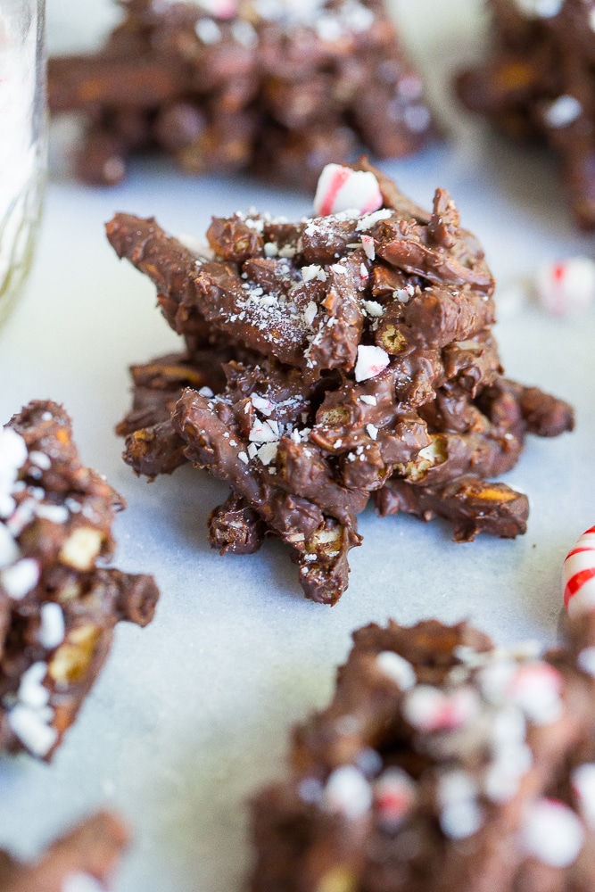 These 3-Ingredient Chocolate & Peppermint Haystacks are the easiest holiday treat to make this season!  You can also make them gluten free and vegan!