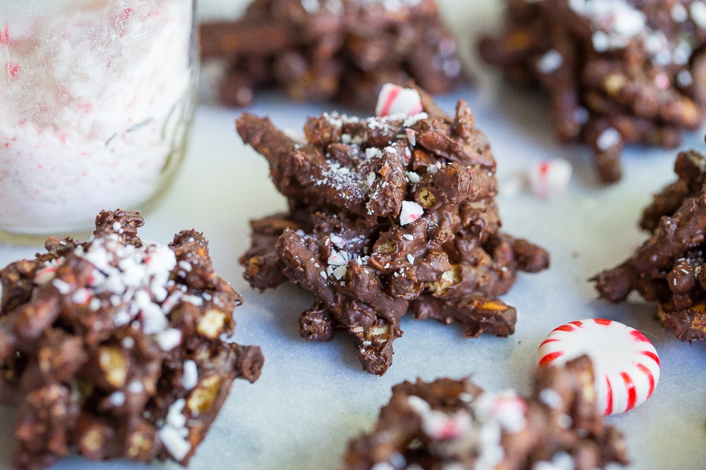 These 3-Ingredient Chocolate & Peppermint Haystacks are the easiest holiday treat to make this season!  You can also make them gluten free and vegan!