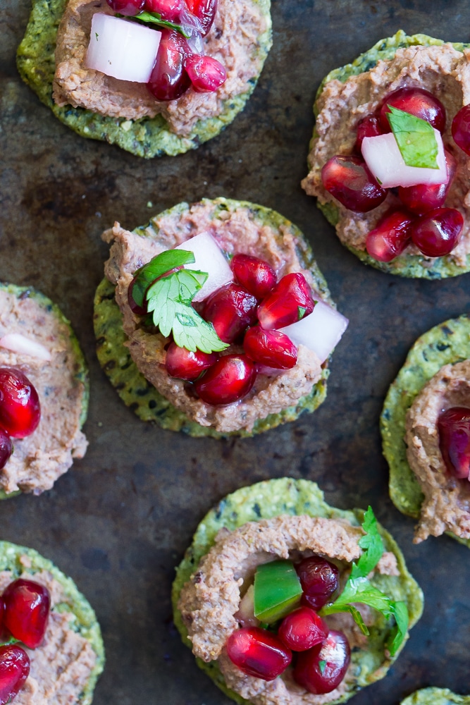 Kale Crackers with Black Bean Hummus and Pomegranate Salsa- A delicious and fun snack or appetizer to serve at your next party!  Gluten free and vegan!