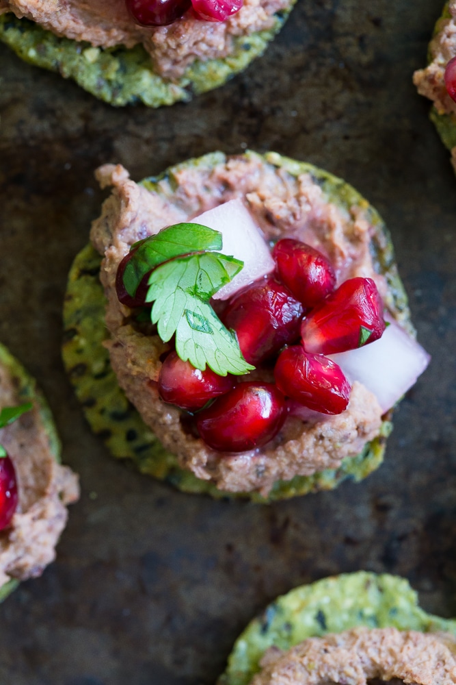 Kale Crackers with Black Bean Hummus and Pomegranate Salsa- A delicious and fun snack or appetizer to serve at your next party!  Gluten free and vegan!