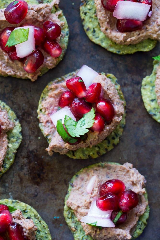 Kale Crackers with Black Bean Hummus and Pomegranate Salsa- A delicious and fun snack or appetizer to serve at your next party!  Gluten free and vegan!
