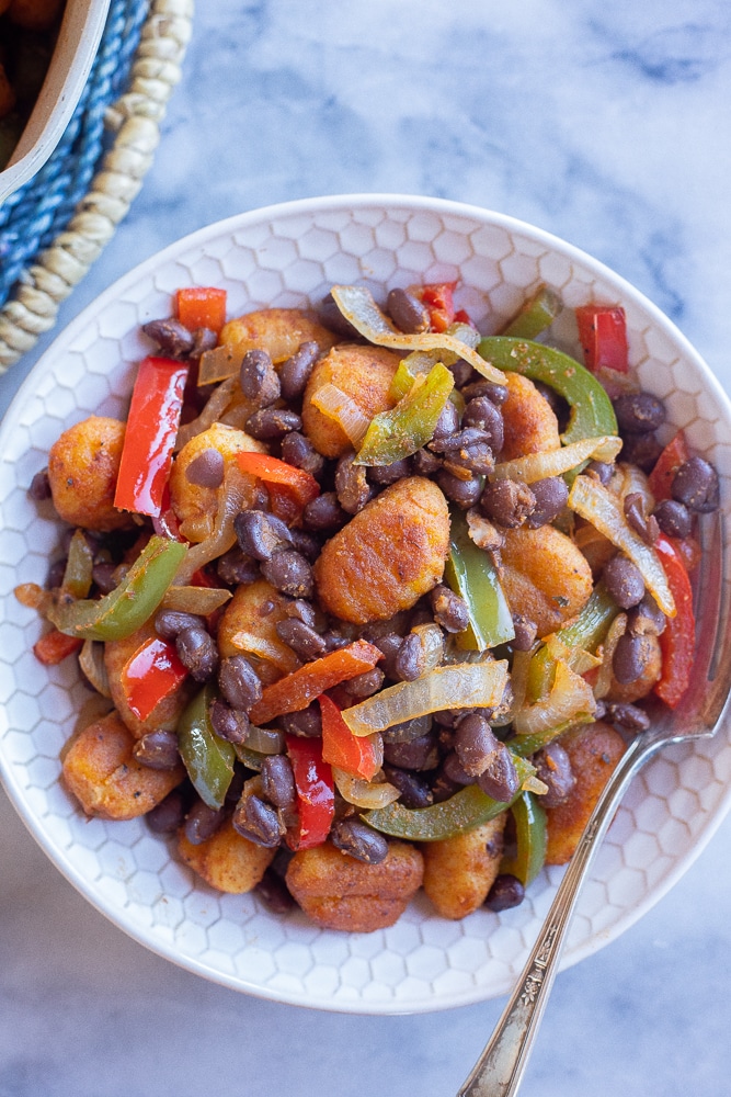 fajita gnocchi in a bowl with a fork