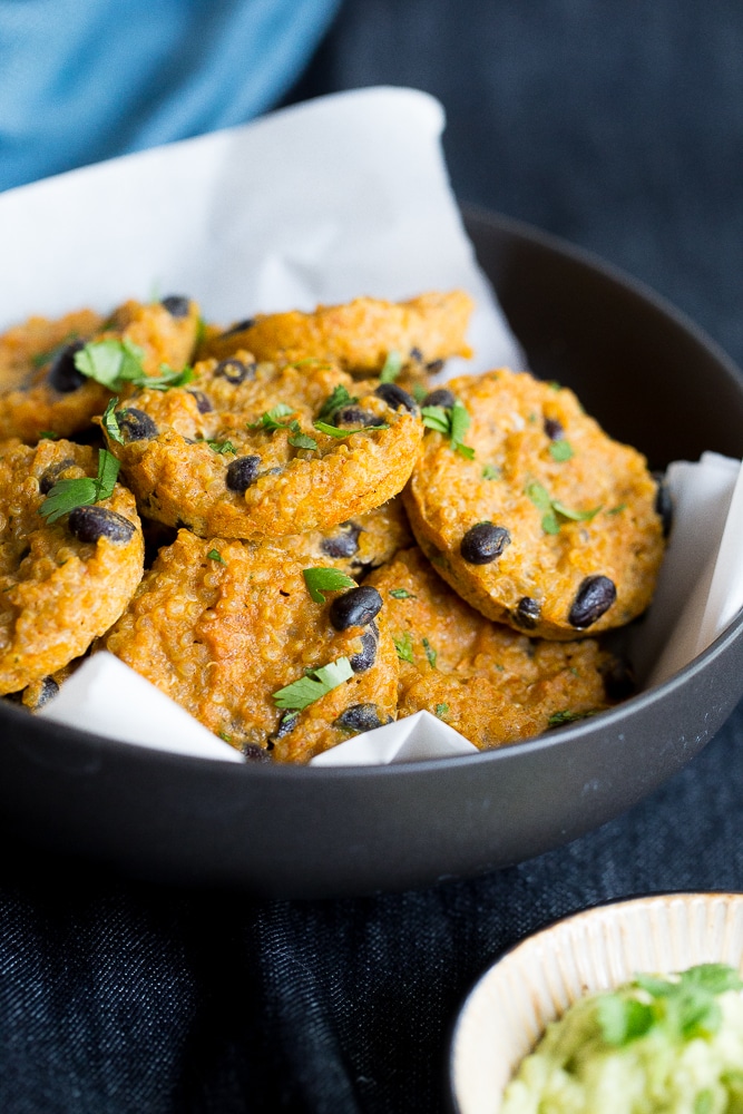 These Protein Packed Quinoa Bites with Sweet Potato & Black Beans are a delicious and healthy snack that will keep you feeling full all afternoon! Gluten free and vegan!