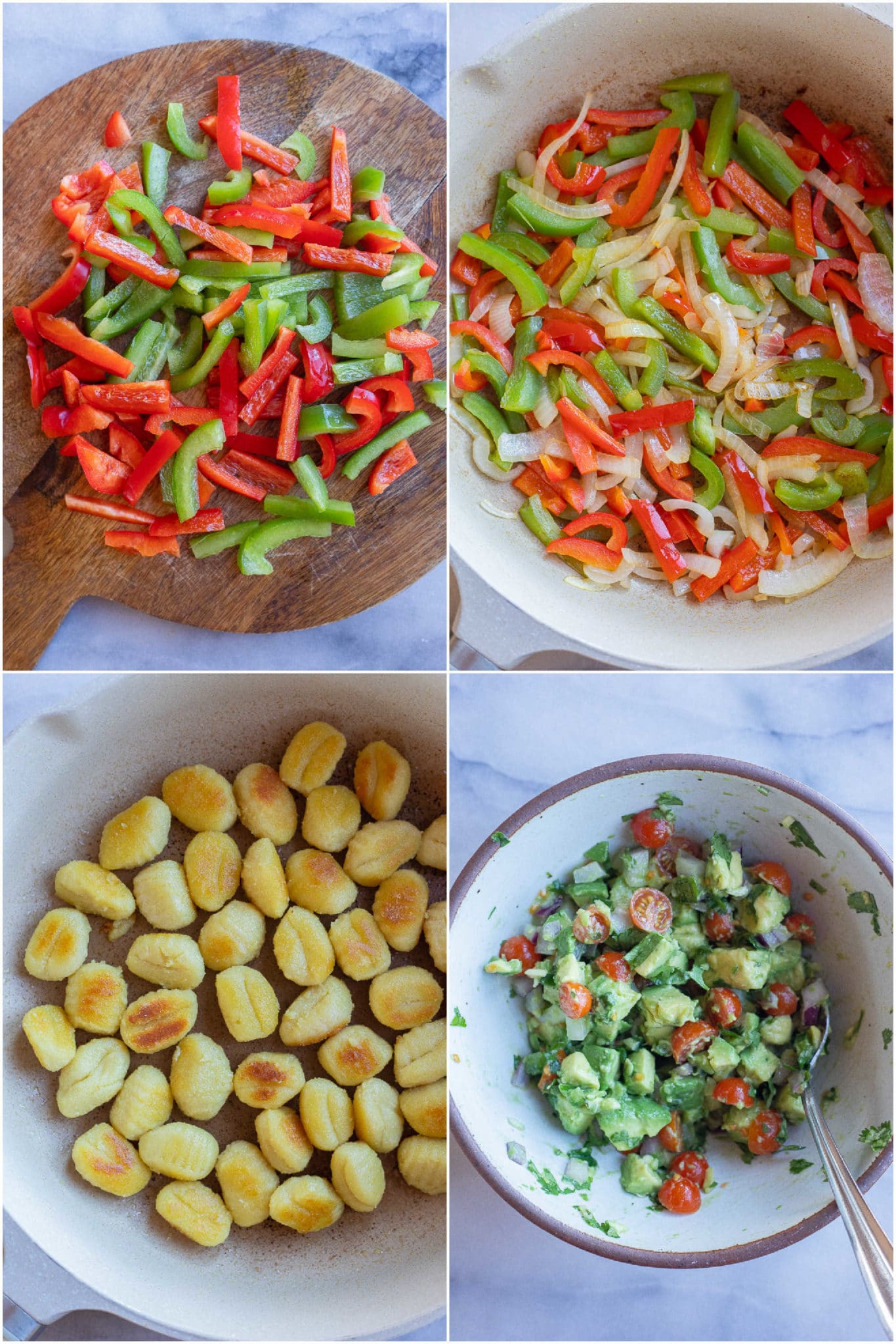 showing how to prepare the fajita peppers, gluten free gnocchi and avocado salsa