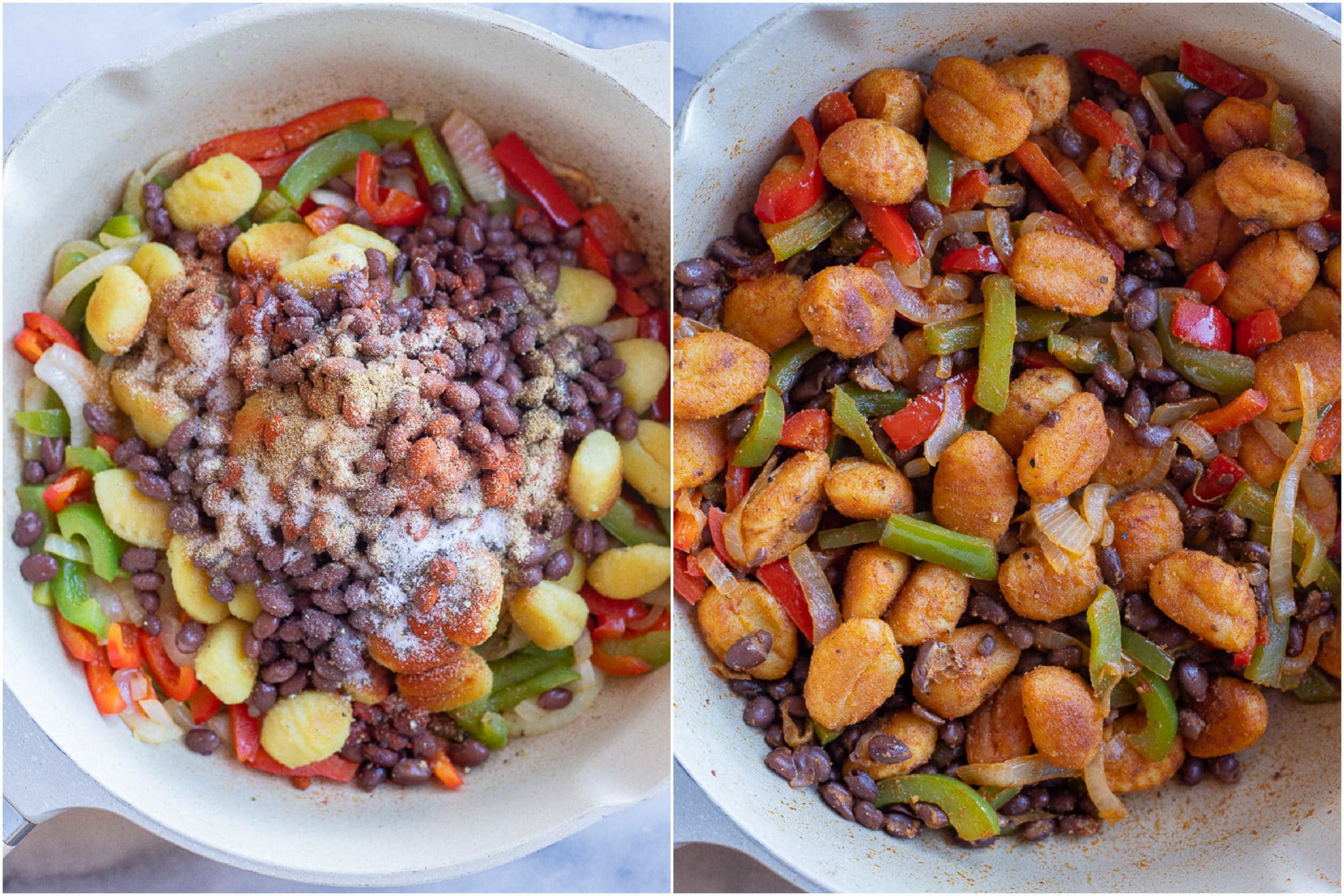 fajita gnocchi skillet recipe before and after it's been mixed up