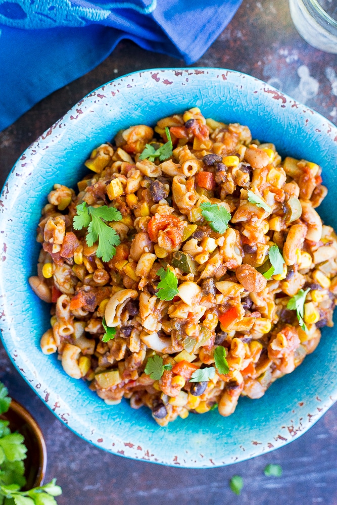 This One Pot Loaded Vegetarian Chili Mac is so easy to make and it's also really healthy! Perfect for a quick weeknight dinner! It's also vegan and gluten free!