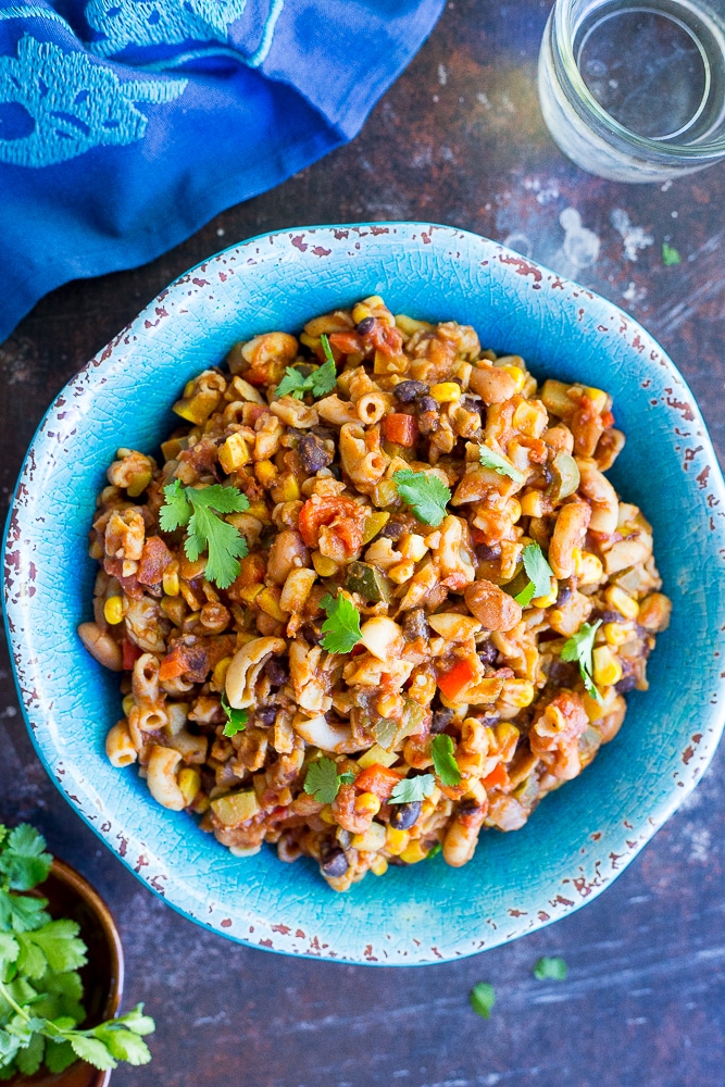 This One Pot Loaded Vegetarian Chili Mac is so easy to make and it's also really healthy! Perfect for a quick weeknight dinner! It's also vegan and gluten free!
