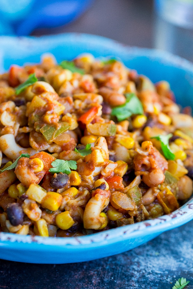 This One Pot Loaded Vegetarian Chili Mac is so easy to make and it's also really healthy! Perfect for a quick weeknight dinner! It's also vegan and gluten free!