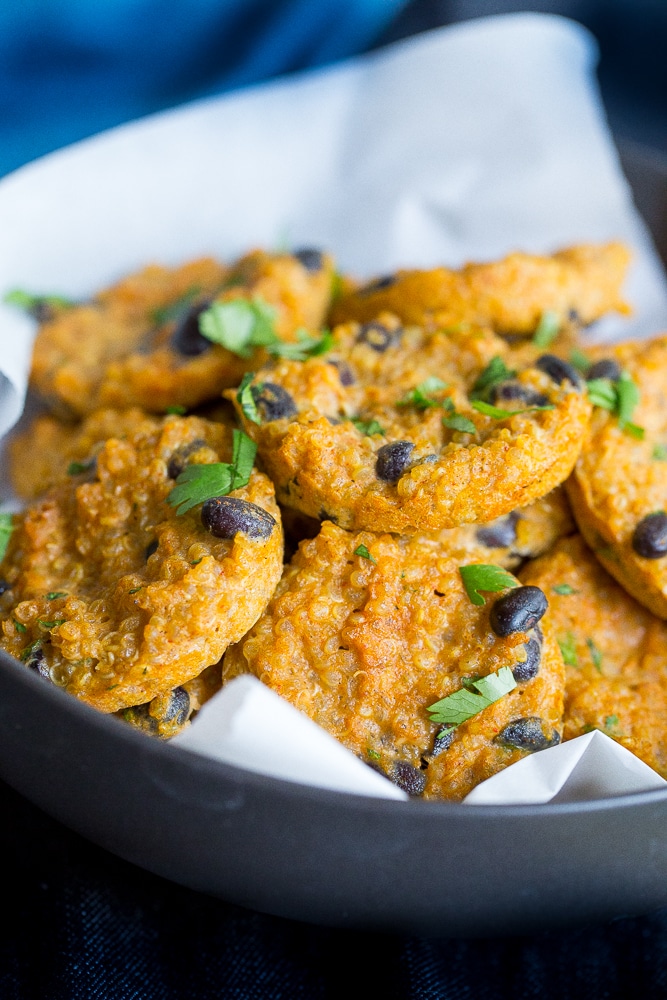 These Protein Packed Quinoa Bites with Sweet Potato & Black Beans are a delicious and healthy snack that will keep you feeling full all afternoon! Gluten free and vegan!