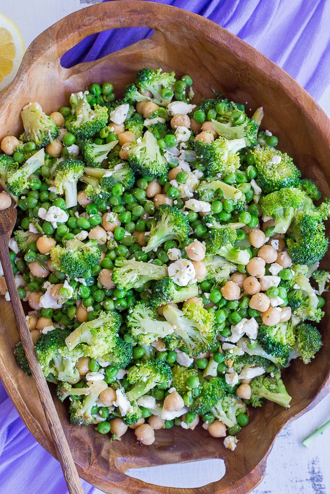 delicious lemony broccoli salad with feta and chickpeas