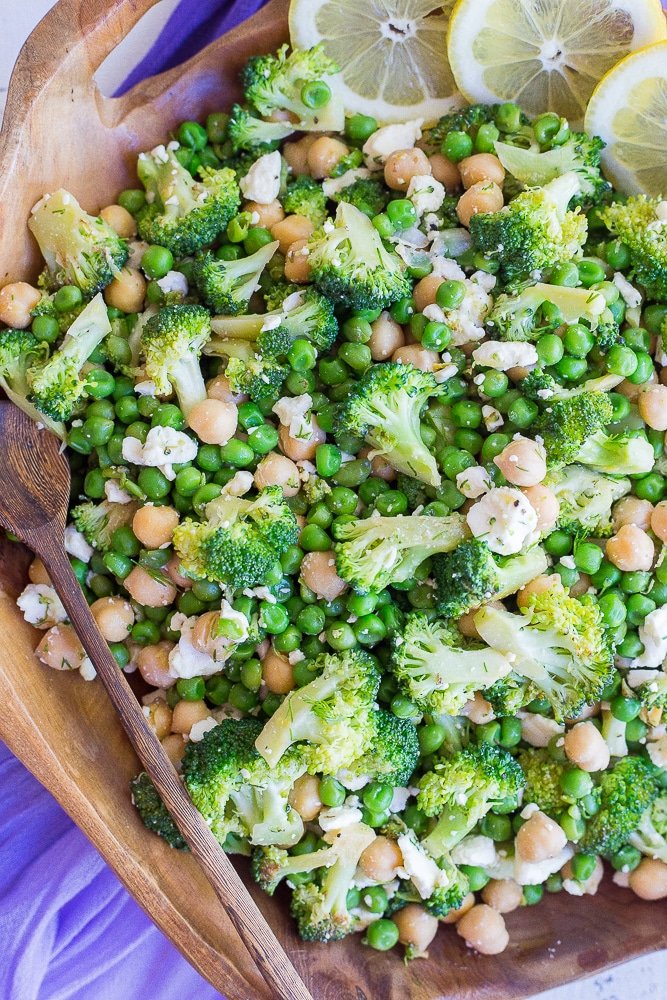 Lemony Broccoli Salad in a big serving dish with a spoon