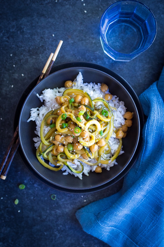  These 30 Minute Orange Ginger Zucchini Noodle Chickpea Bowls are great for a quick and easy vegetarian (and vegan) weeknight dinner!  They're also perfect for a healthy make ahead lunch bowl!  Gluten free too!