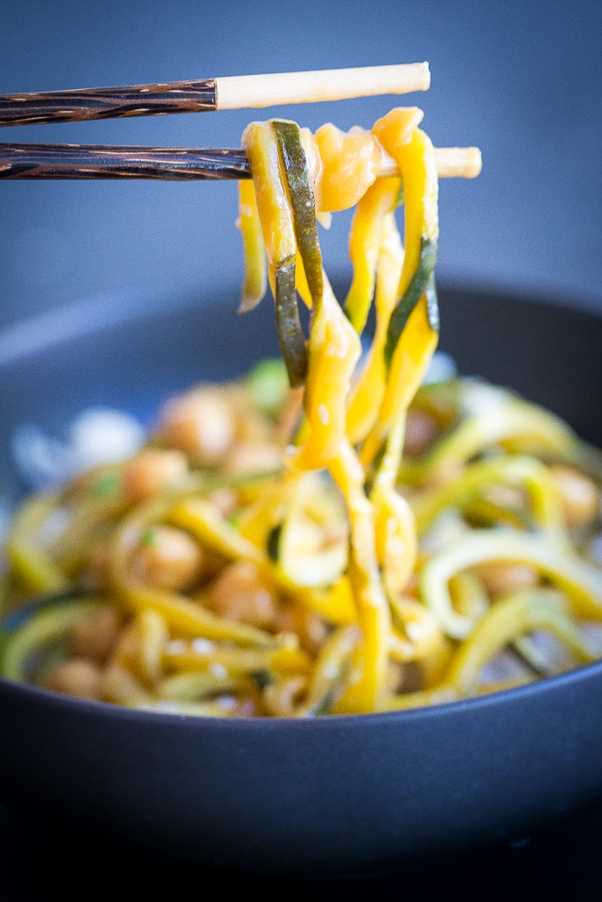  These 30 Minute Orange Ginger Zucchini Noodle Chickpea Bowls are great for a quick and easy vegetarian (and vegan) weeknight dinner!  They're also perfect for a healthy make ahead lunch bowl!  Gluten free too!
