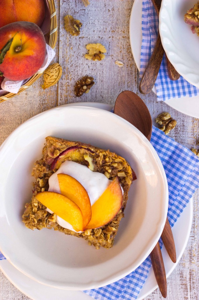 image of Ginger Peach Oatmeal Bake With Whipped Coconut Cream recipe by She Likes Food