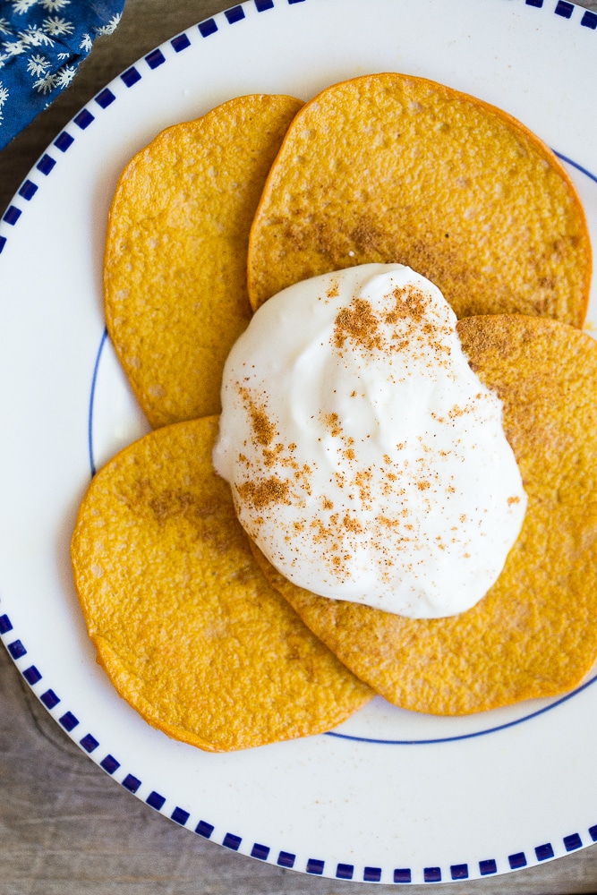 Two Ingredient Sweet Potato Pancakes- So easy to make and great for kids!  Gluten free, dairy free, and paleo!