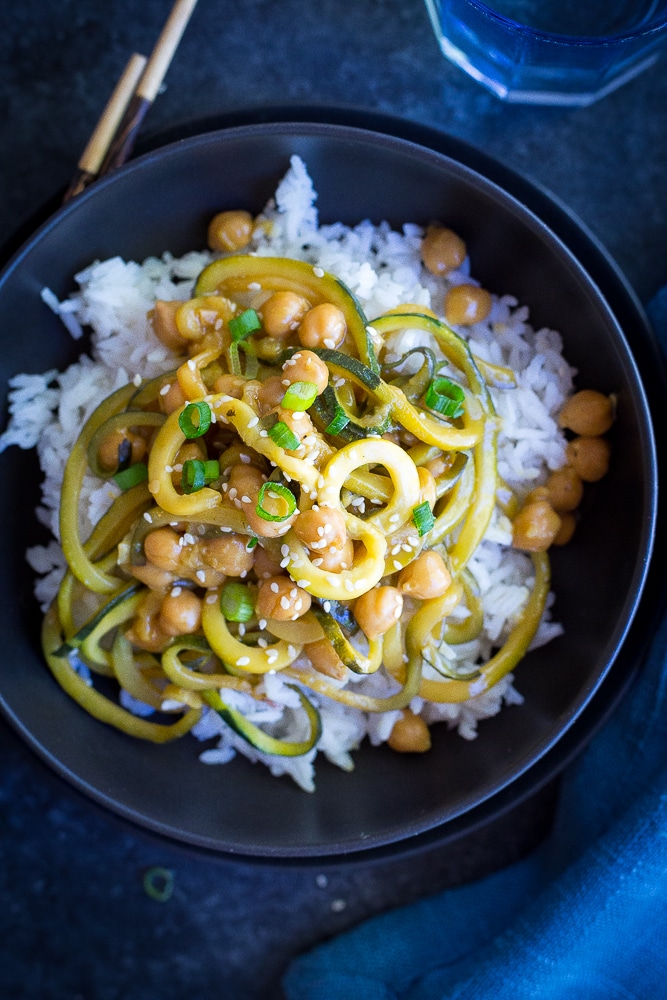  These 30 Minute Orange Ginger Zucchini Noodle Chickpea Bowls are great for a quick and easy vegetarian (and vegan) weeknight dinner!  They're also perfect for a healthy make ahead lunch bowl!  Gluten free too!