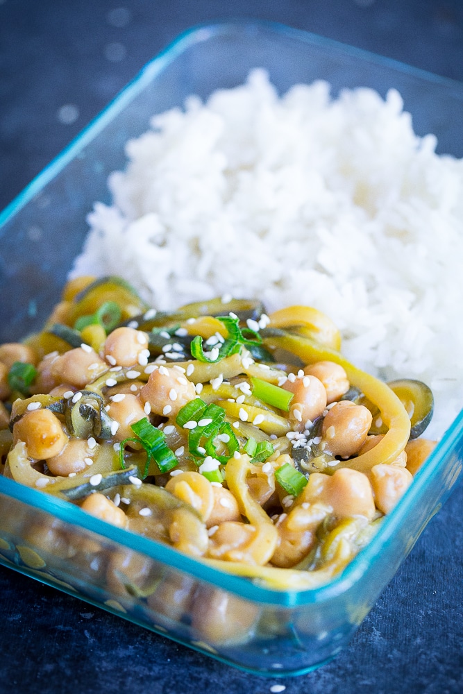  These 30 Minute Orange Ginger Zucchini Noodle Chickpea Bowls are great for a quick and easy vegetarian (and vegan) weeknight dinner!  They're also perfect for a healthy make ahead lunch bowl!  Gluten free too!