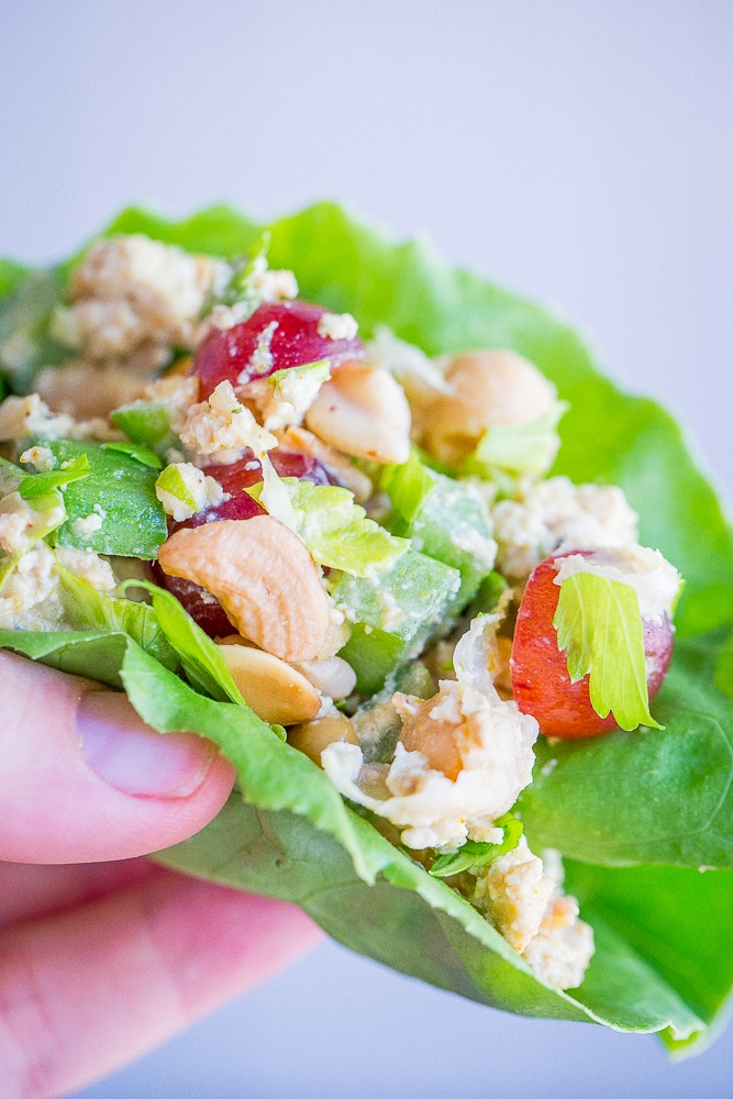 10 Minute Curried Chickpea Tofu Lettuce Wraps - These healthy and delicious lettuce wraps are perfect for a quick and easy no cook meal! Enjoy them for lunch or dinner!  Vegan/Gluten Free