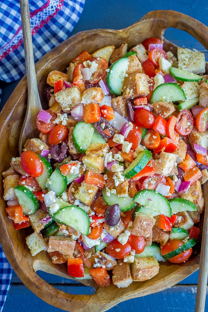 Easy Greek Panzanella Salad- You'll love this veggie packed, super flavorful salad that's filling too!  Vegetarian/Gluten Free/Summer Salad