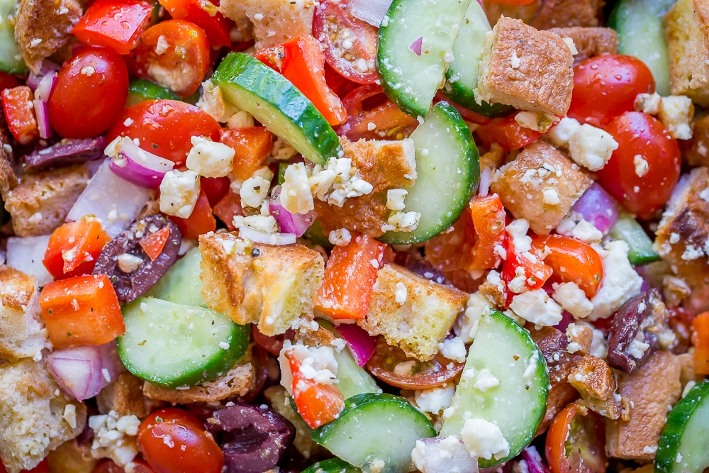 Easy Greek Panzanella Salad- You'll love this veggie packed, super flavorful salad that's filling too!  Vegetarian/Gluten Free/Summer Salad