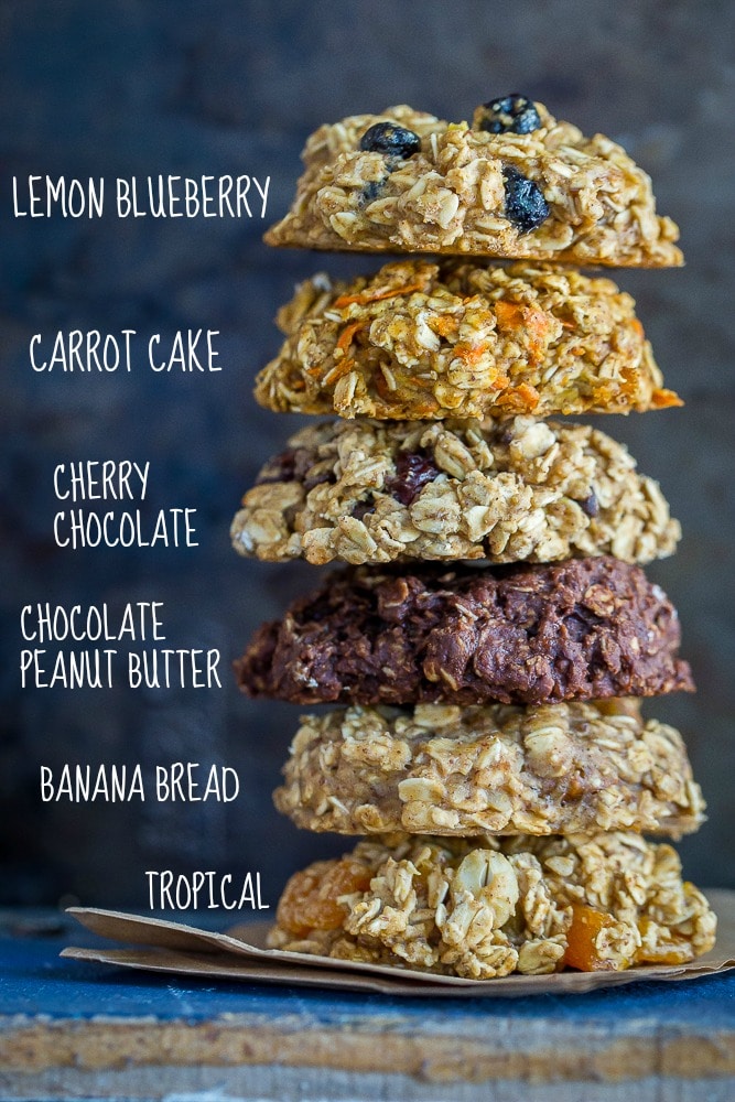 a stack of six healthy breakfast cookies in different flavors