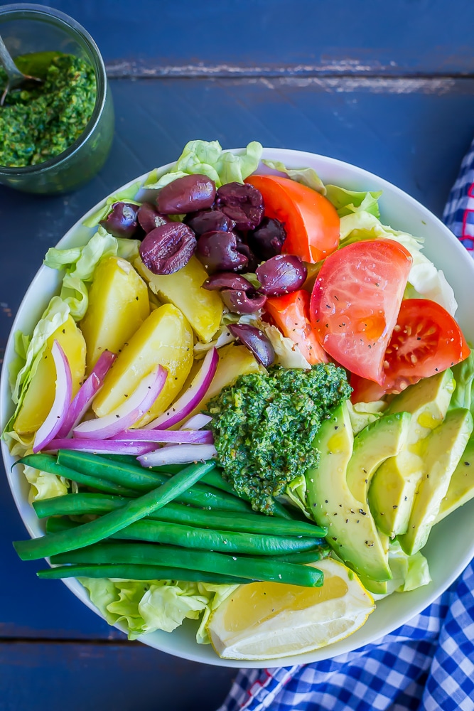 Avocado Nicoise Salad with Pesto - A delicious and refreshing vegan version of the classic nicoise salad!  Filled with tons of veggies making it a healthy lunch or side dish.  Vegan/Gluten Free/Vegetarian