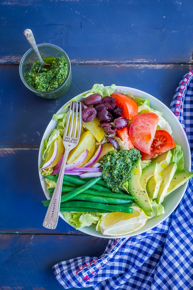 Avocado Nicoise Salad with Pesto - A delicious and refreshing vegan version of the classic nicoise salad!  Filled with tons of veggies making it a healthy lunch or side dish.  Vegan/Gluten Free/Vegetarian