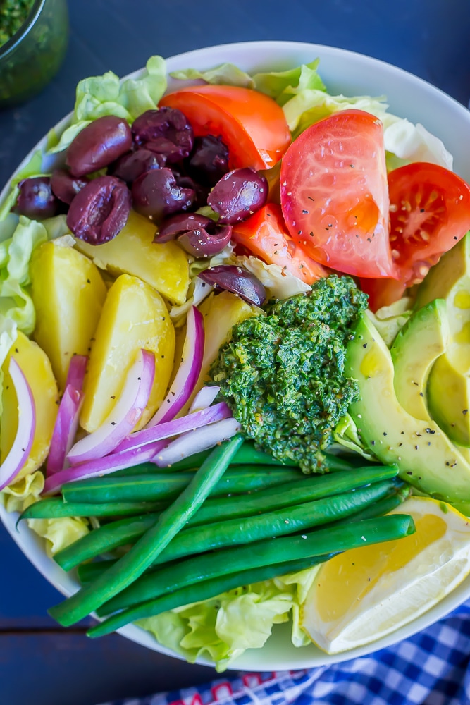 Avocado Nicoise Salad with Pesto - A delicious and refreshing vegan version of the classic nicoise salad!  Filled with tons of veggies making it a healthy lunch or side dish.  Vegan/Gluten Free/Vegetarian
