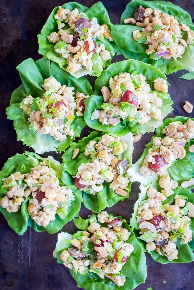 10 Minute Curried Chickpea Tofu Lettuce Wraps - These healthy and delicious lettuce wraps are perfect for a quick and easy no cook meal! Enjoy them for lunch or dinner!  Vegan/Gluten Free