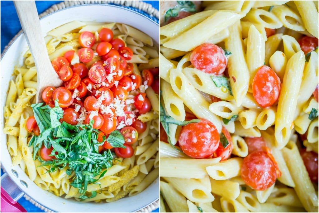 One Pot Creamy Vegan Caprese Pasta- A fresh and delicious summer dinner that's quick and easy to make and only requires one pot. Vegan/30 Minute Dinner/One Pot Meal