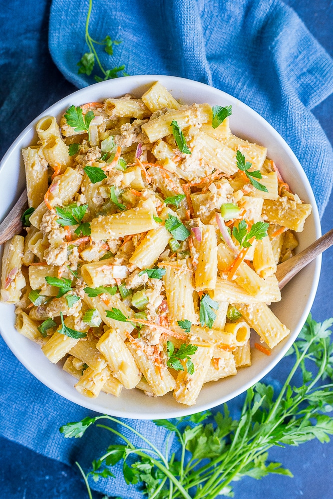 Vegan Tuna Pasta Salad - A veganized version of a delicious tuna pasta salad.  Great for a 30 minute dinner or a make ahead lunch.  Vegan/Vegetarian/30 Minute Dinner